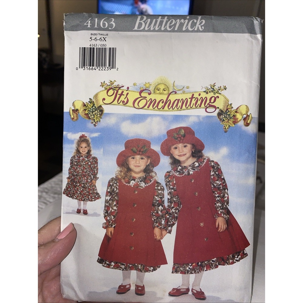 Butterick 4163 Girls Dress Pinafore Hat Pattern Sizes 5-6-6X Uncut Enchanting